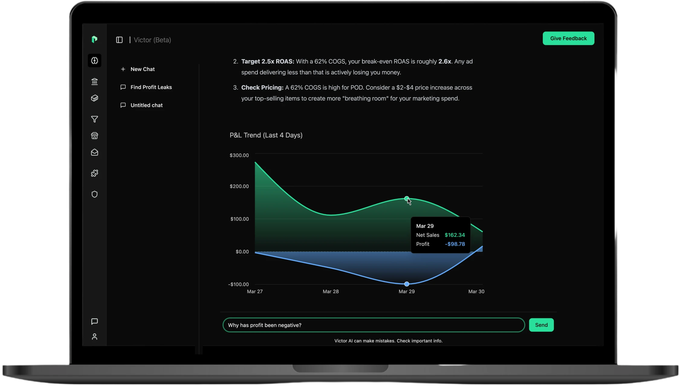 PodVector dashboard showing real-time profit metrics and Victor's recommendations